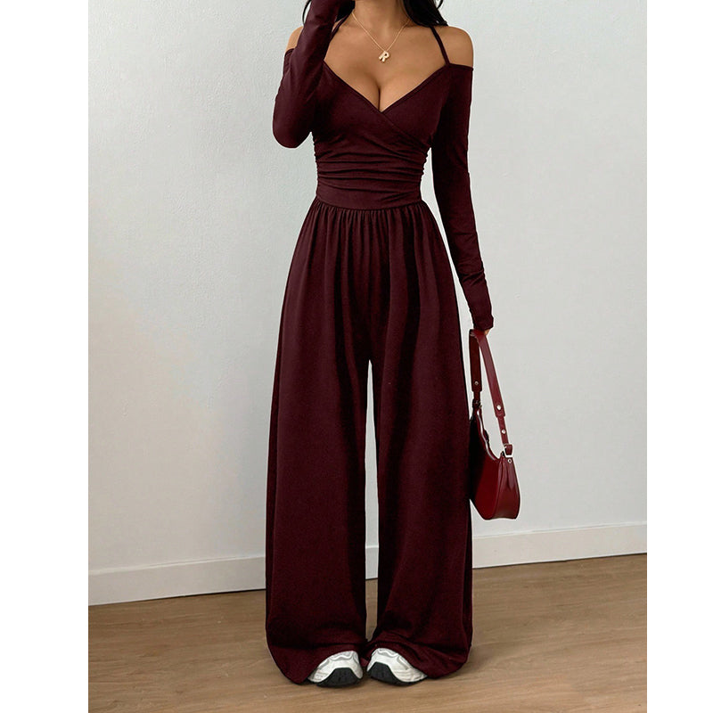 Elegant djup V-ringad jumpsuit med halterneck för kvinnor-9