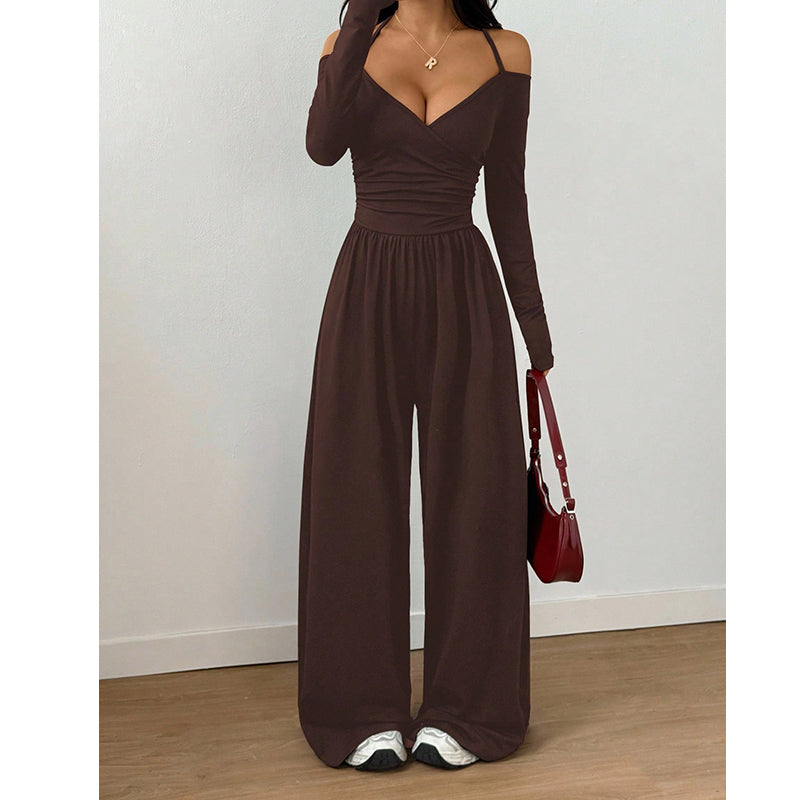 Elegant djup V-ringad jumpsuit med halterneck för kvinnor-10