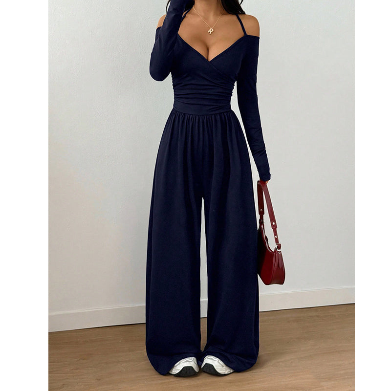 Elegant djup V-ringad jumpsuit med halterneck för kvinnor-11