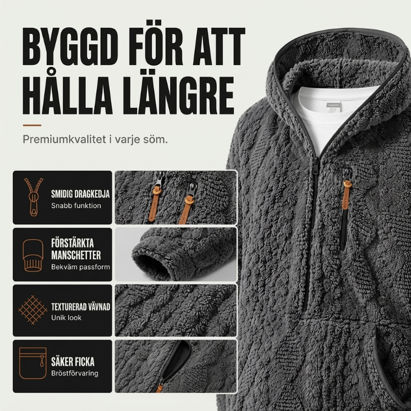 Herrfodrad sherpajacka med halv dragkedja och huva, texturerad design-1