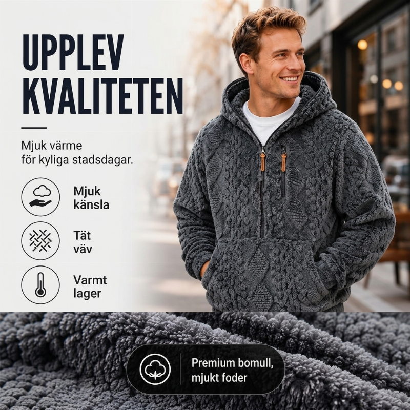 Herrfodrad sherpajacka med halv dragkedja och huva, texturerad design-3
