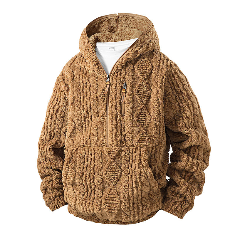 Herrfodrad sherpajacka med halv dragkedja och huva, texturerad design-10