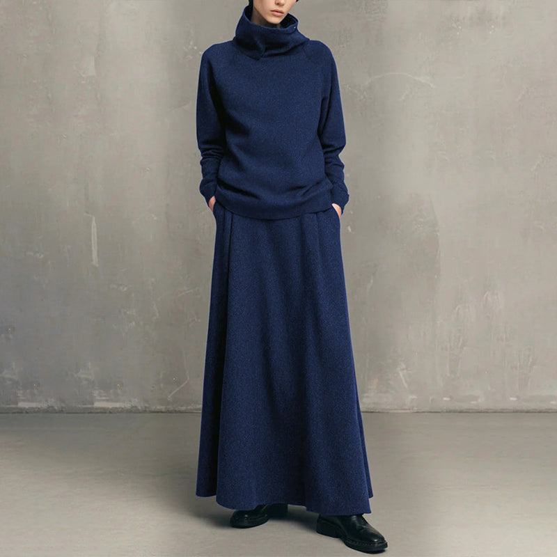 ✨ Elegant stickad look 🤎 Set med damtröja med krage och maxikjol – bekvämt, feminint och tidlöst-11