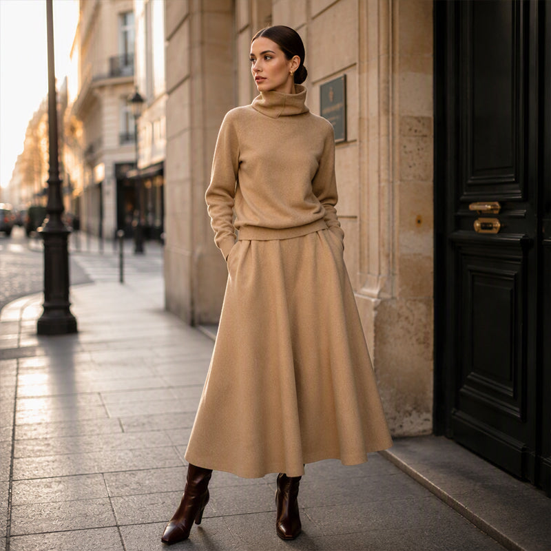 ✨ Elegant stickad look 🤎 Set med damtröja med krage och maxikjol – bekvämt, feminint och tidlöst-7