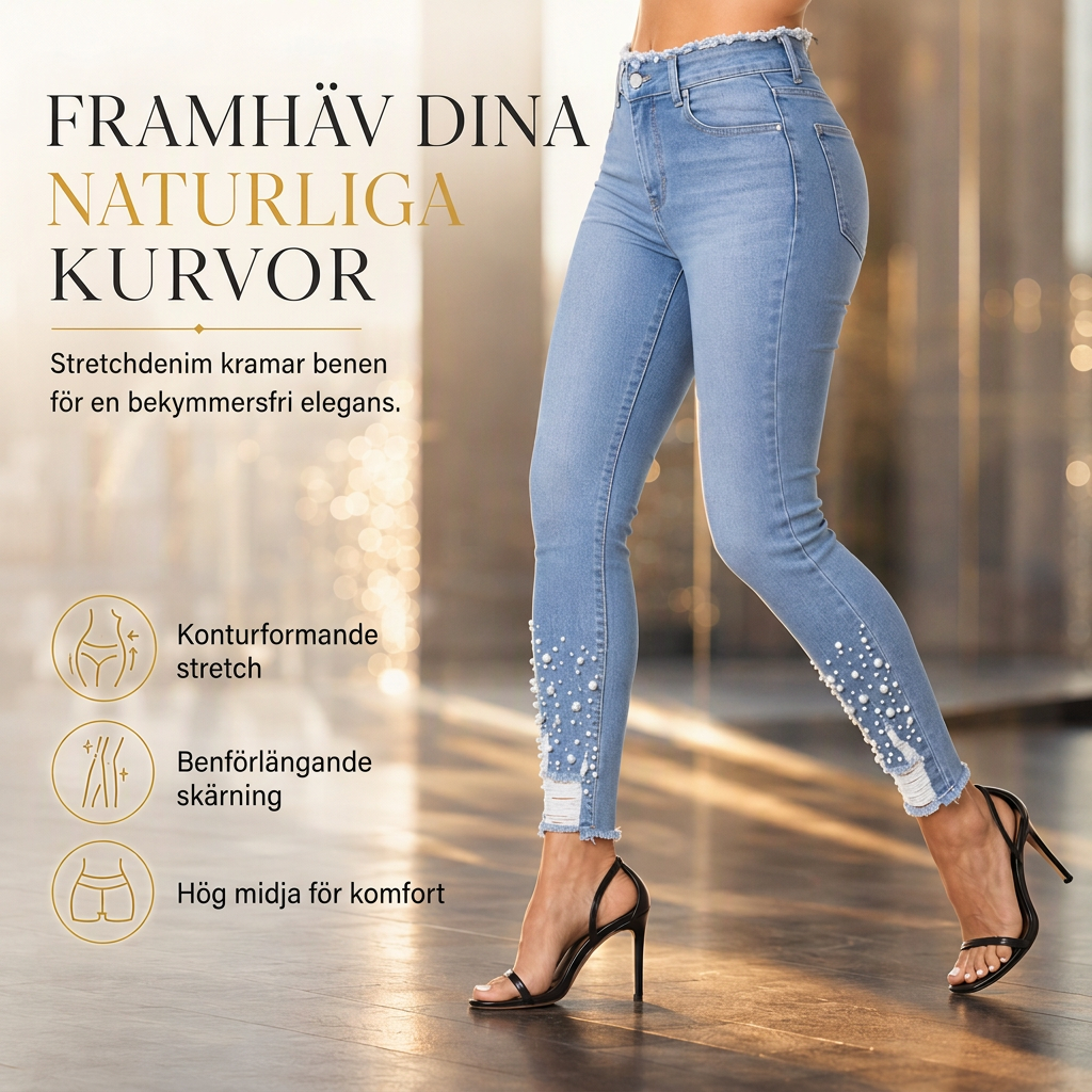 Ljusblå smala skinnyjeans för kvinnor med pärlbesättning, oförarbetad och nött midja samt slitage och riffiga fotutsvängar-5