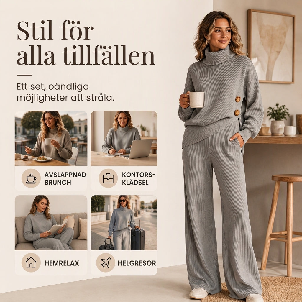 Damset i stickad modell: Turtleneck-tröja + byxdress med breda ben-4