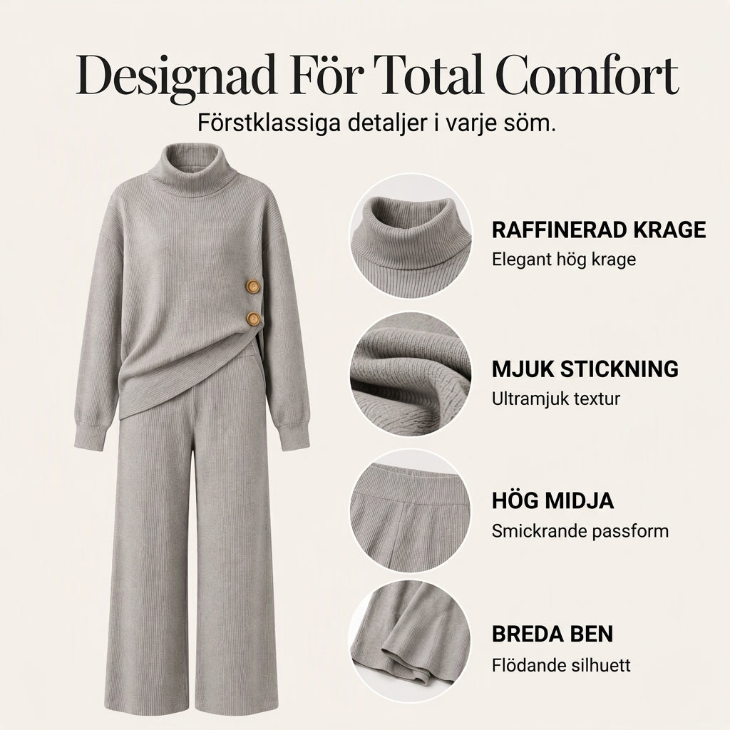 Damset i stickad modell: Turtleneck-tröja + byxdress med breda ben-1