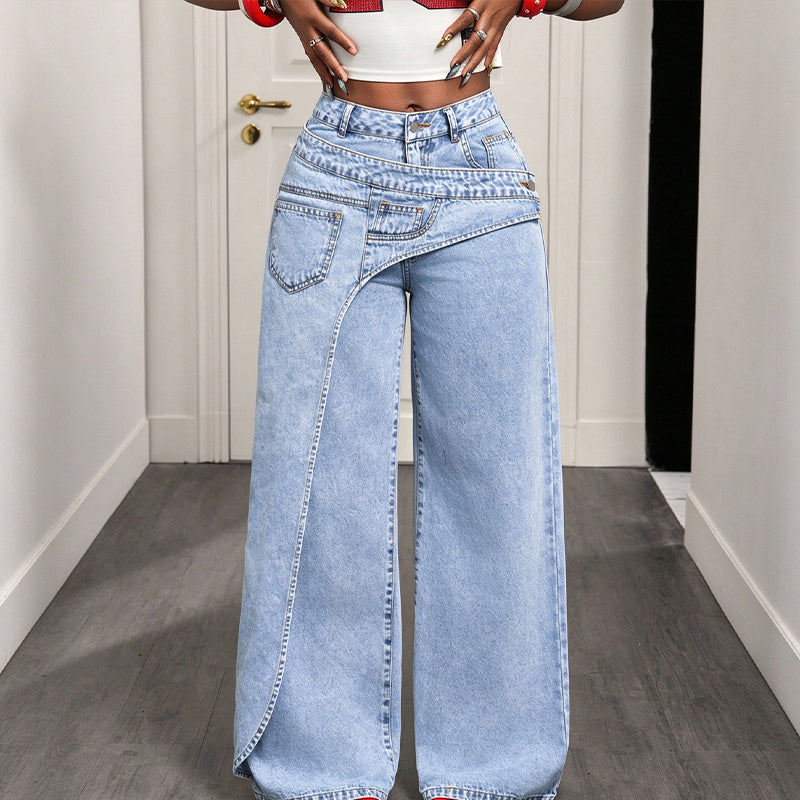 Damhoodiga trendsatta jeans med asymmetrisk överlappning och vid ben-10
