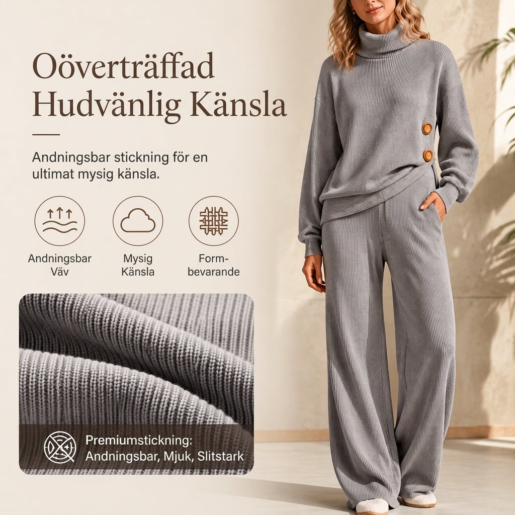Damset i stickad modell: Turtleneck-tröja + byxdress med breda ben-3