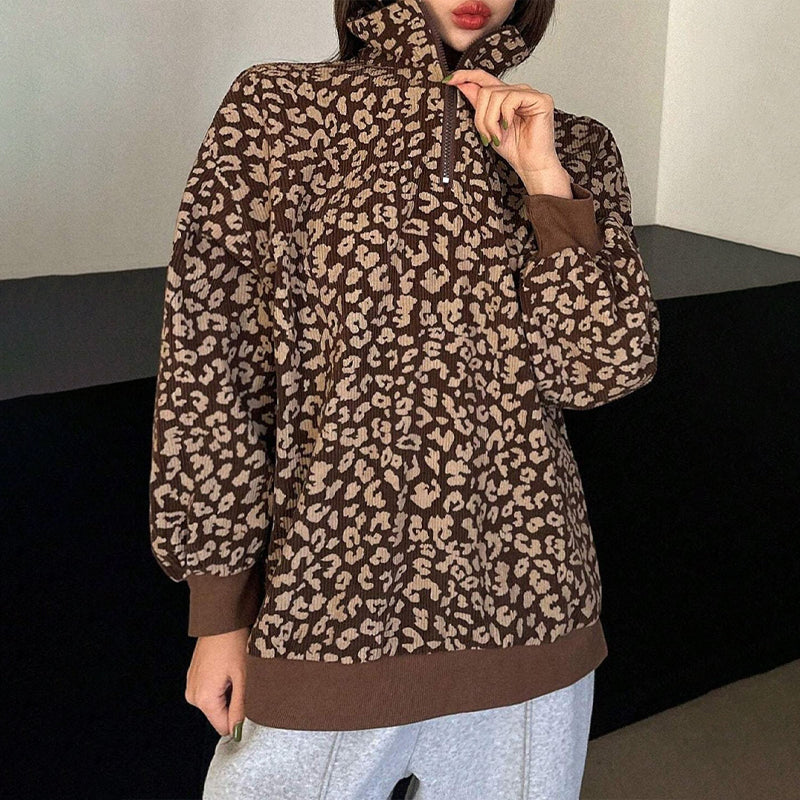 Damtröja med leopardmönster och kvartsdragkedja-7