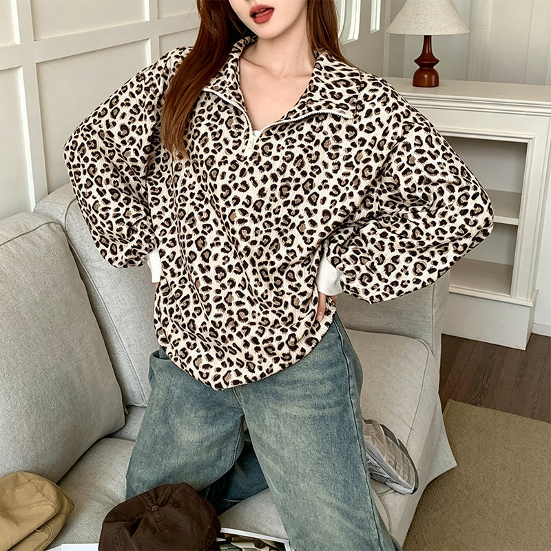 Damtröja med leopardmönster och kvartsdragkedja-11
