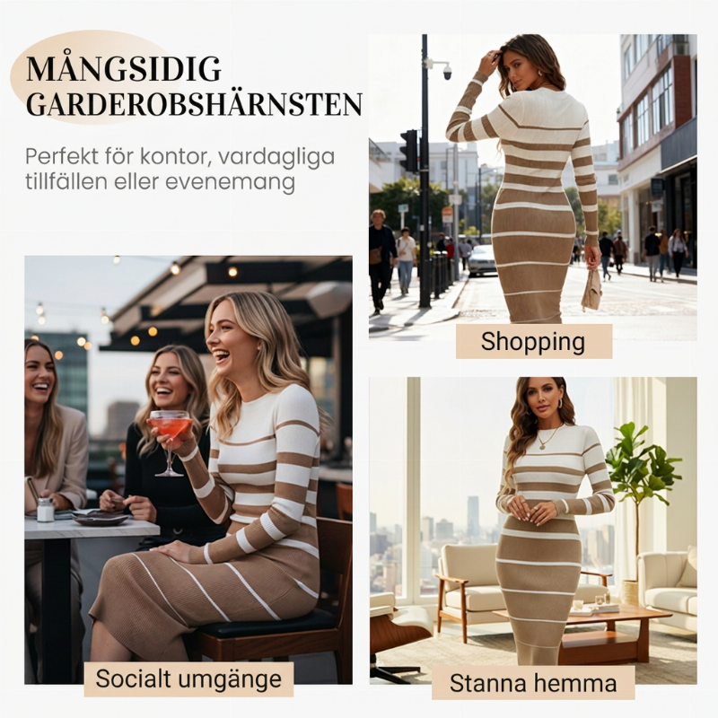 Kvinnlig långärmad randig åtsittande stickad klänning-4
