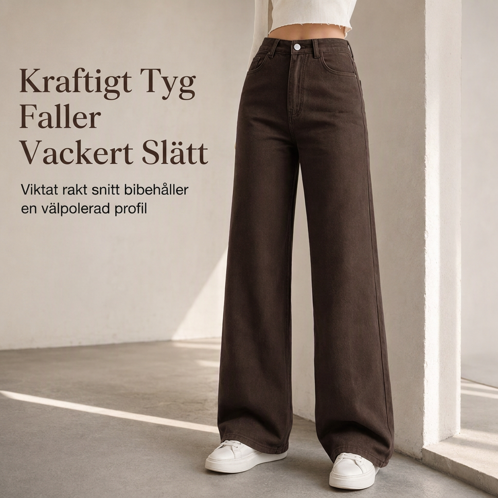 Dam jeans med retro hög midja och breda ben, draperande golvlånga byxor-3