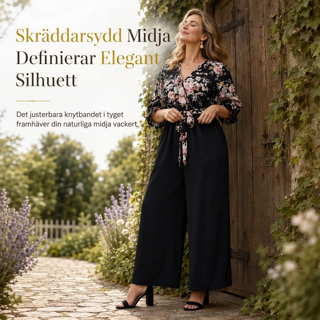 📢🎉50 % rabatt!!!🛍️✨Elegant jumpsuit med blommönster, omlott-V-ringning, vida ben, snörning i midjan och rynkade 3/4-ärmar-3