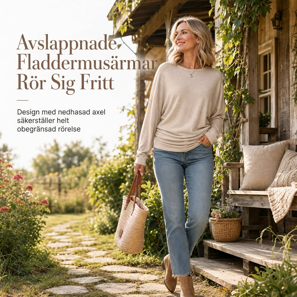 Casuel lös tröja i stickat med rund hals och långa ärmardam, med droppade axlar, fladdermusärmar och rynkdesign i sidorna-2