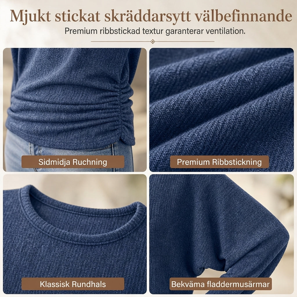Casuel lös tröja i stickat med rund hals och långa ärmardam, med droppade axlar, fladdermusärmar och rynkdesign i sidorna-4