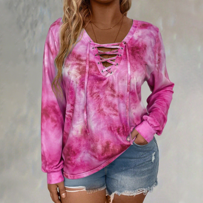 Damtopp med tie-dye-tryck, snörning och V-ringning-11