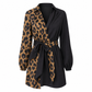 50 % RABATT🖤 🐆Långärmad miniklänning för damer med leopardmönster och kontrasterande lappar samt bälte-8