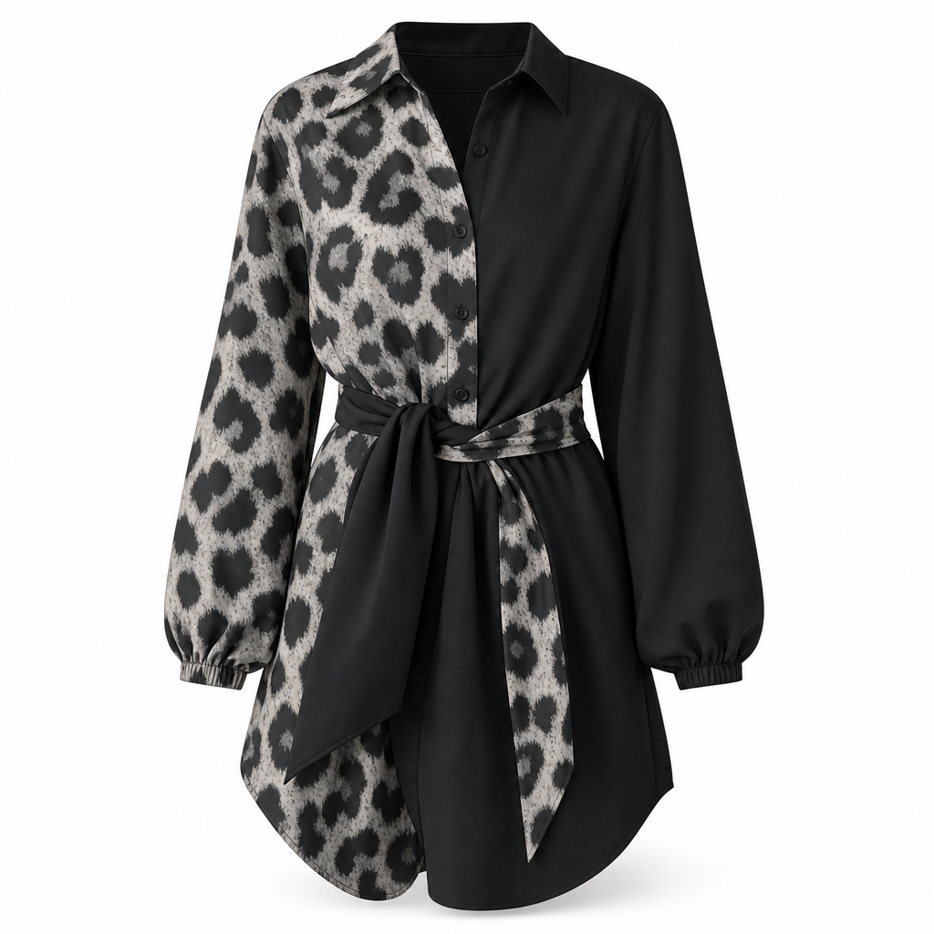 50 % RABATT🖤 🐆Långärmad miniklänning för damer med leopardmönster och kontrasterande lappar samt bälte-9