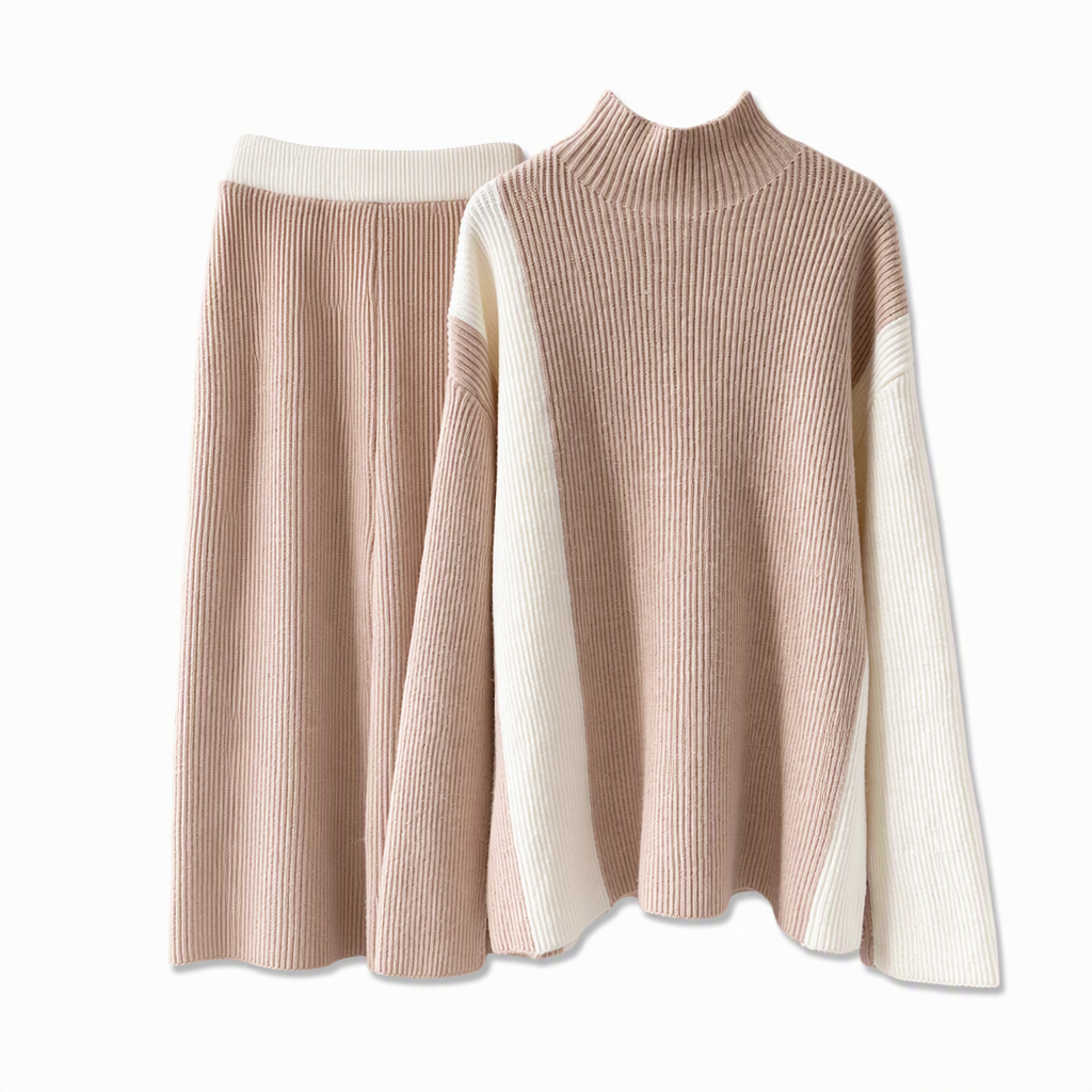🍂 Höst-/vintererbjudande ✨ 2-delat stickat set för damer i färgblock – varm tröja och elegant kjol för en chic look-10