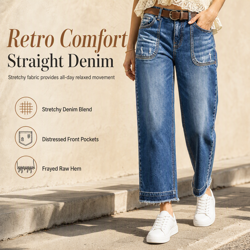 Vintage jeans för damer i stretchtyg med raka ben, slitna påsydda fickor och fransiga, obearbetade benslut