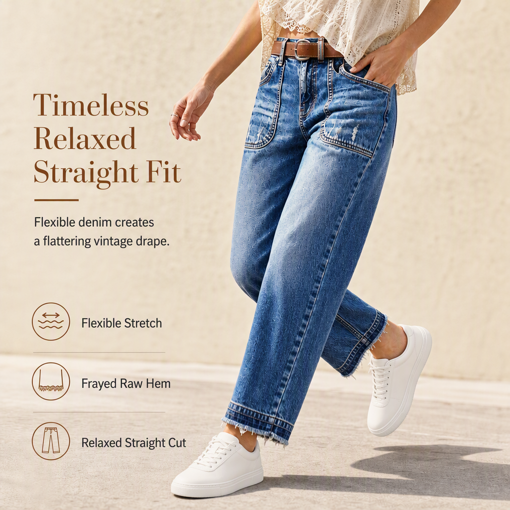 Vintage jeans för damer i stretchtyg med raka ben, slitna påsydda fickor och fransiga, obearbetade benslut-5