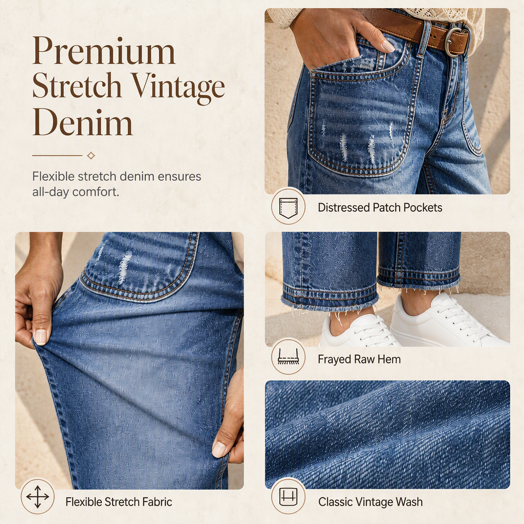 Vintage jeans för damer i stretchtyg med raka ben, slitna påsydda fickor och fransiga, obearbetade benslut-6