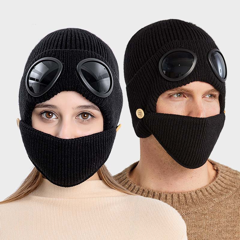 ⛷️ 3-i-1 – Mössa, skidglasögon och halsvärmare i ett! Unisex-stickad mössa, varm och vindtät 🧢