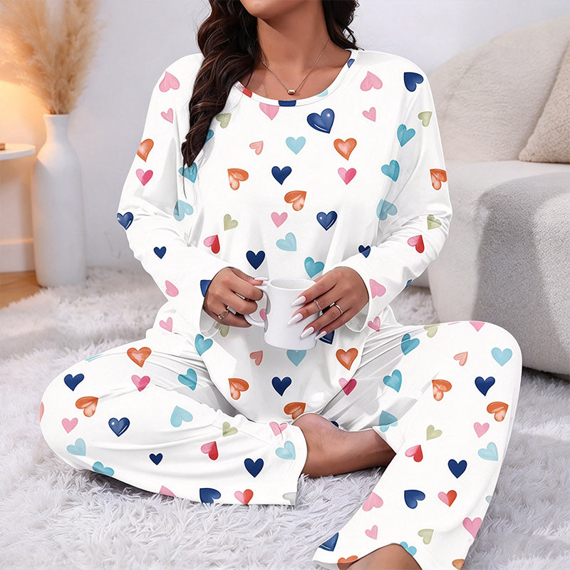 ✨Nyhet! Pyjamas-set för damer med hjärtmönster och långa ärmar-11