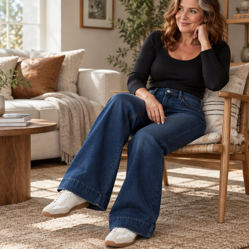 🚚 Fri frakt på just den här produkten!  🥳Gratis frakt!🥳 Termiska damjeans med vid ben och hög midja-7