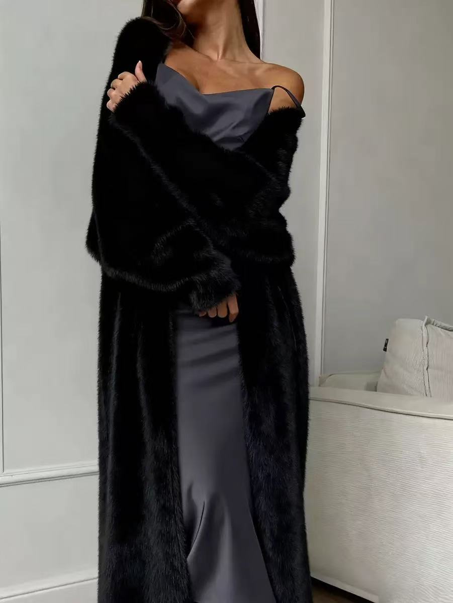 🥰 Nyhet! Lång damkofta i fleece med imiterad päls, en fluffig oversized stickad kofta för höst och vinter-11
