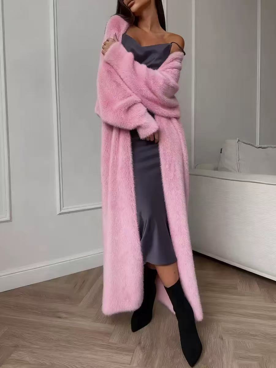 🥰 Nyhet! Lång damkofta i fleece med imiterad päls, en fluffig oversized stickad kofta för höst och vinter-10