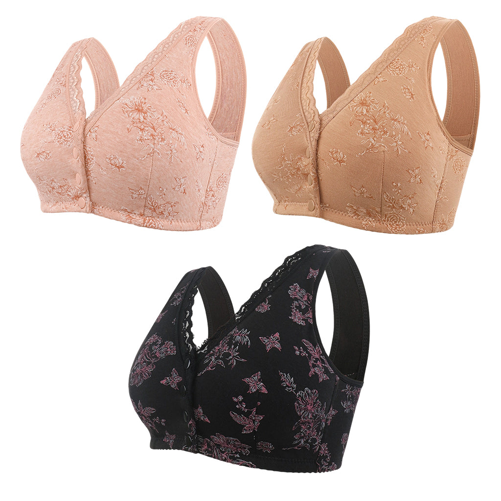 🔥50 % rabatt! Dam Plus Size Frontknapp Blommönster Trådlös BH-13