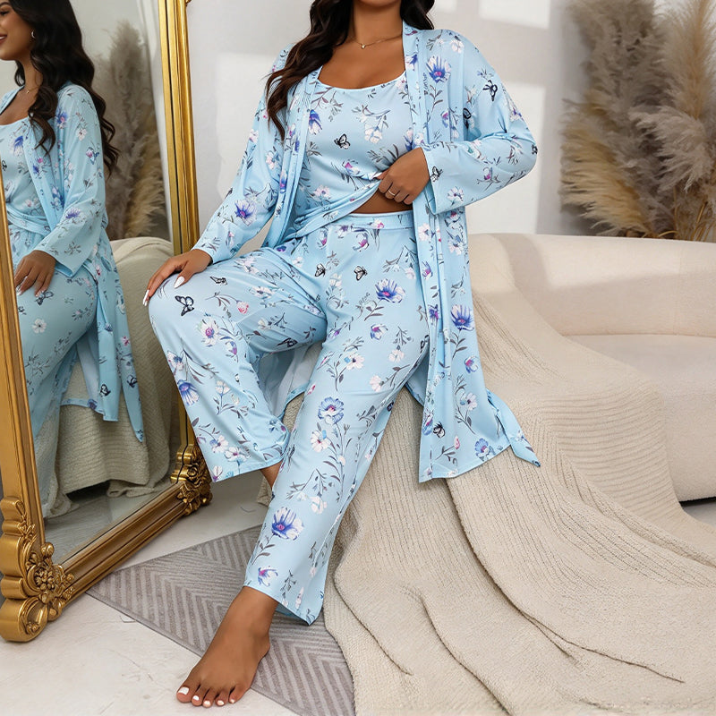 🔥50 % rabatt! Damens eleganta blommiga 3-delade pyjamas-13