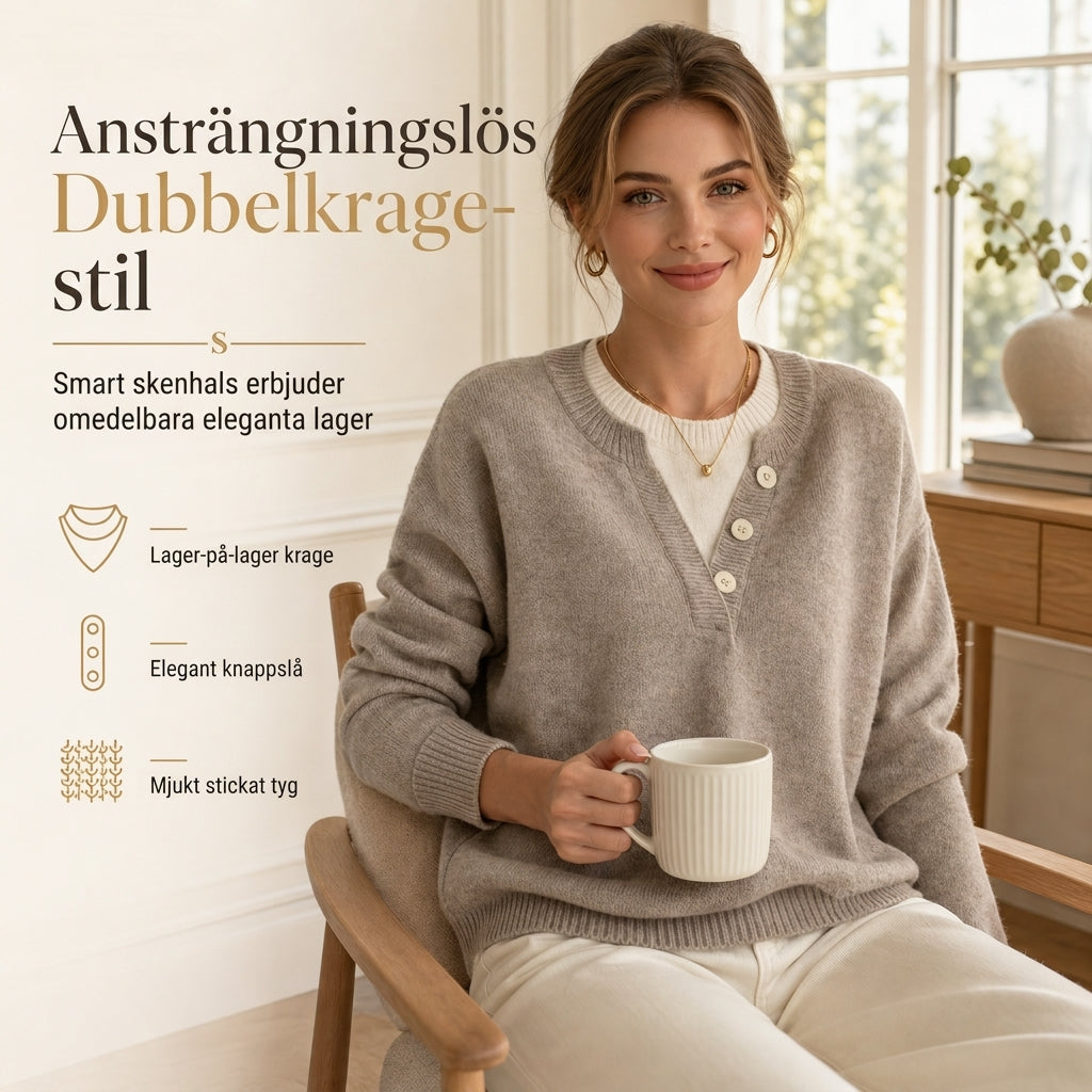 👚 Mjuk Stickad Tröja för Dam med V-ringning, Knappslå och Lager-på-lager-look