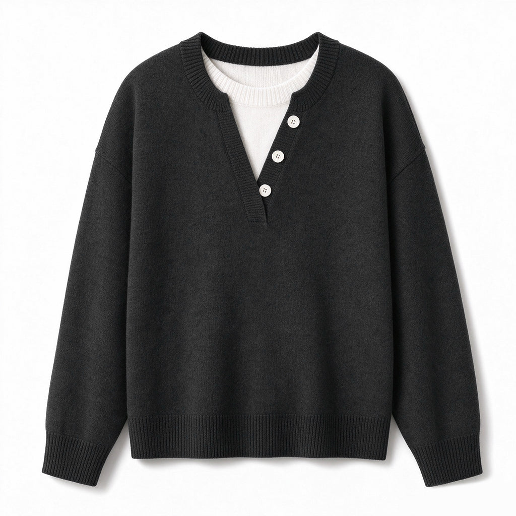 👚 Mjuk Stickad Tröja för Dam med V-ringning, Knappslå och Lager-på-lager-look-11