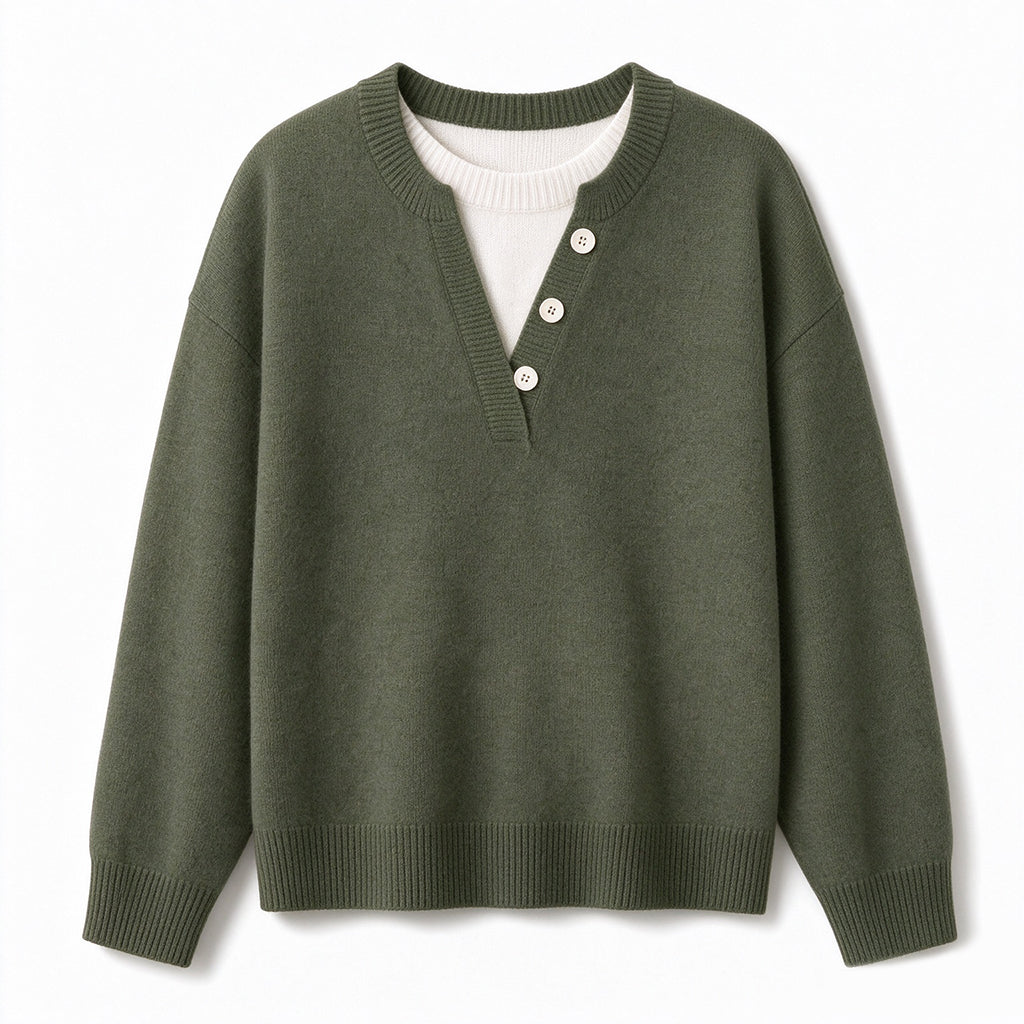 👚 Mjuk Stickad Tröja för Dam med V-ringning, Knappslå och Lager-på-lager-look-10