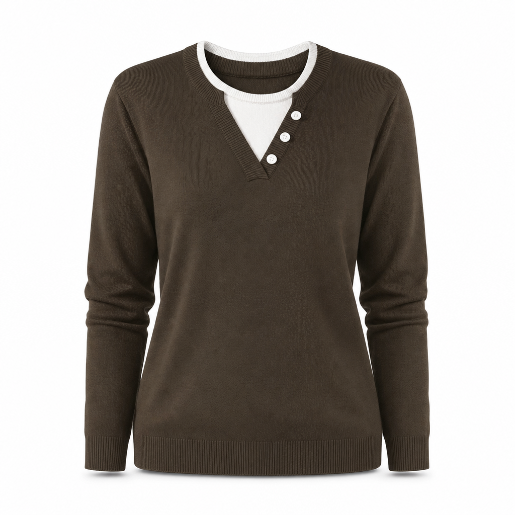 👚 Mjuk Stickad Tröja för Dam med V-ringning, Knappslå och Lager-på-lager-look-15