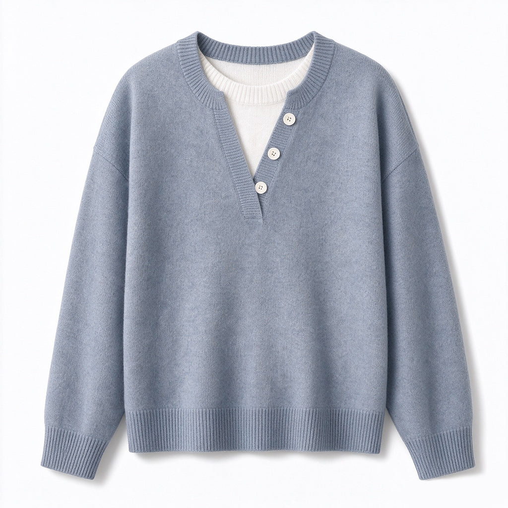 👚 Mjuk Stickad Tröja för Dam med V-ringning, Knappslå och Lager-på-lager-look-18