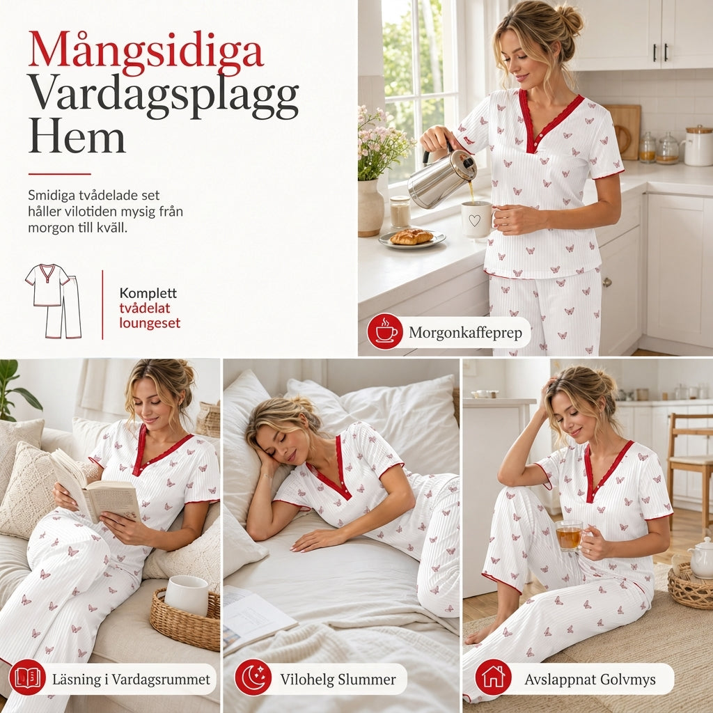 Damset i tryckt pyjamas, kortärmad topp och långbyxor, bekväm och stretchig loungedräkt-5