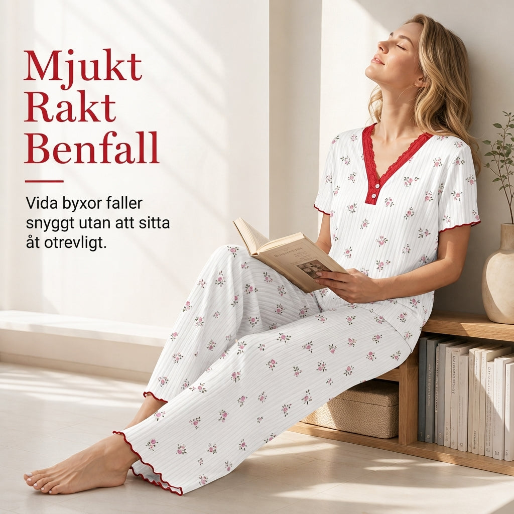 Damset i tryckt pyjamas, kortärmad topp och långbyxor, bekväm och stretchig loungedräkt-2