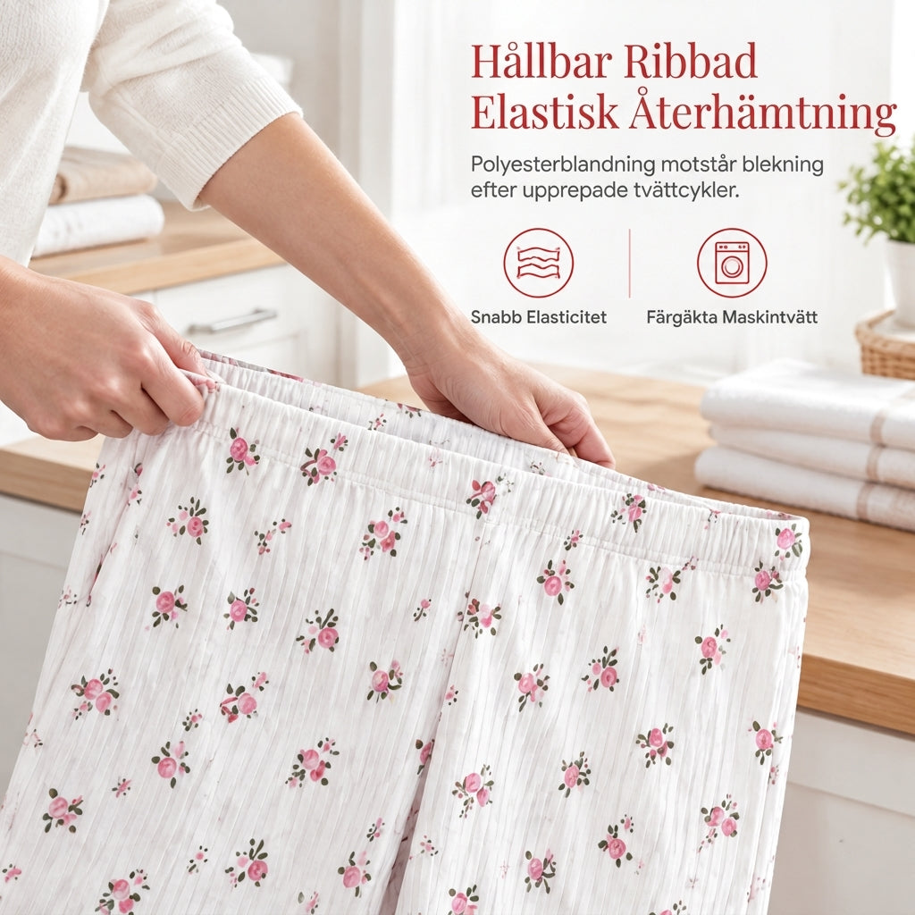 Damset i tryckt pyjamas, kortärmad topp och långbyxor, bekväm och stretchig loungedräkt-6
