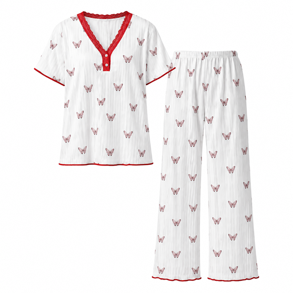 Damset i tryckt pyjamas, kortärmad topp och långbyxor, bekväm och stretchig loungedräkt-9