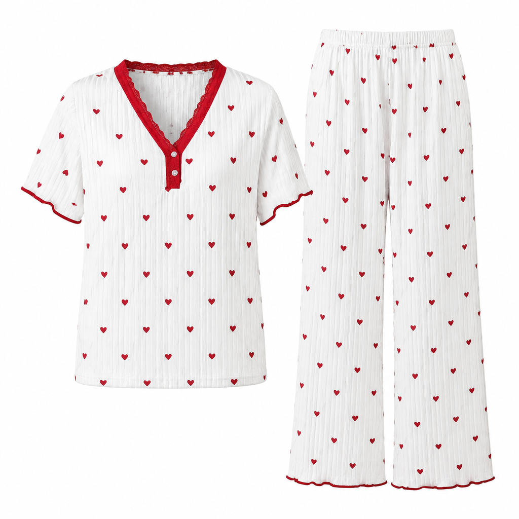 Damset i tryckt pyjamas, kortärmad topp och långbyxor, bekväm och stretchig loungedräkt-8