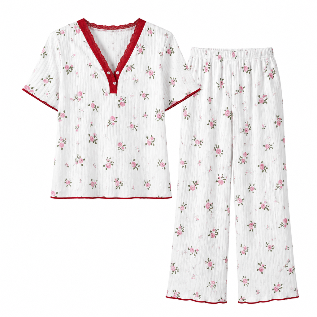 Damset i tryckt pyjamas, kortärmad topp och långbyxor, bekväm och stretchig loungedräkt-10