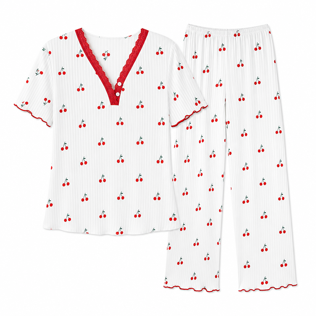 Damset i tryckt pyjamas, kortärmad topp och långbyxor, bekväm och stretchig loungedräkt-11