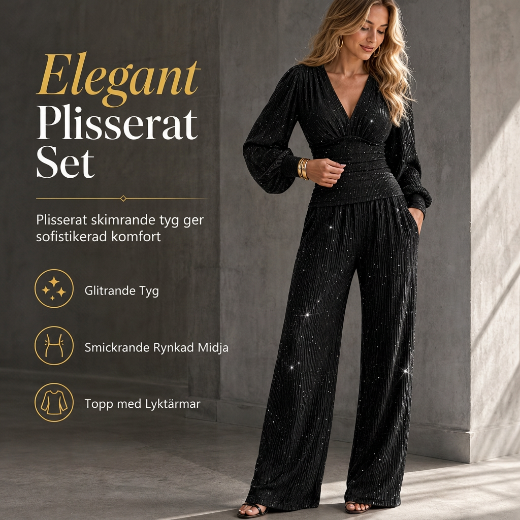 Tvådelad outfit för kvinnor höst vinter djup v-ringad krage lanternärmad plisserad topp och byxor med vida ben med fickor